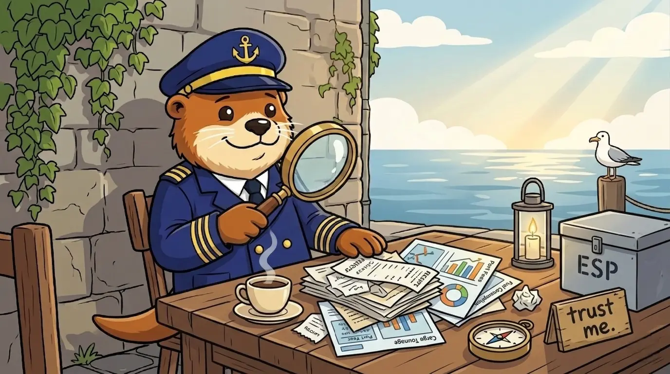 Captain Patch inspecting cargo with a magnifying glass